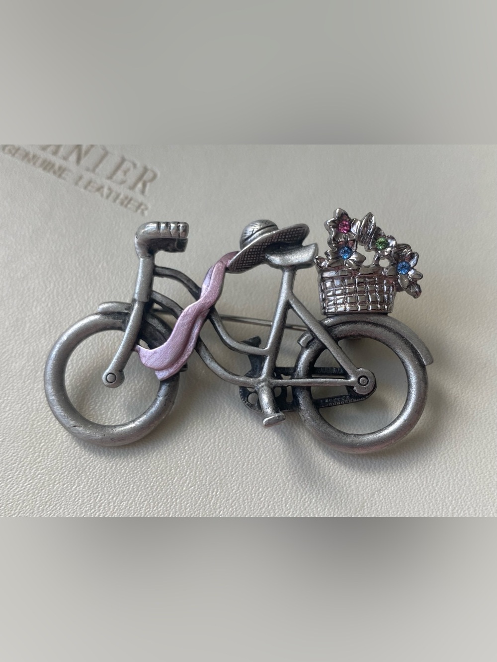 Vintage Pewter Whimsical Bicycle Brooch with Flower Basket & Pink Scarf